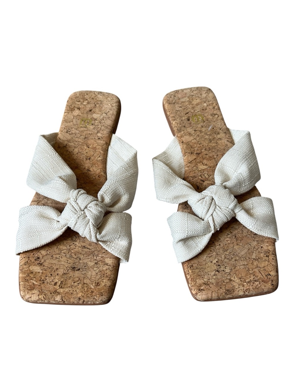 Square Toe Knotted Bow Cork Slide Sandals Cream Size 8
